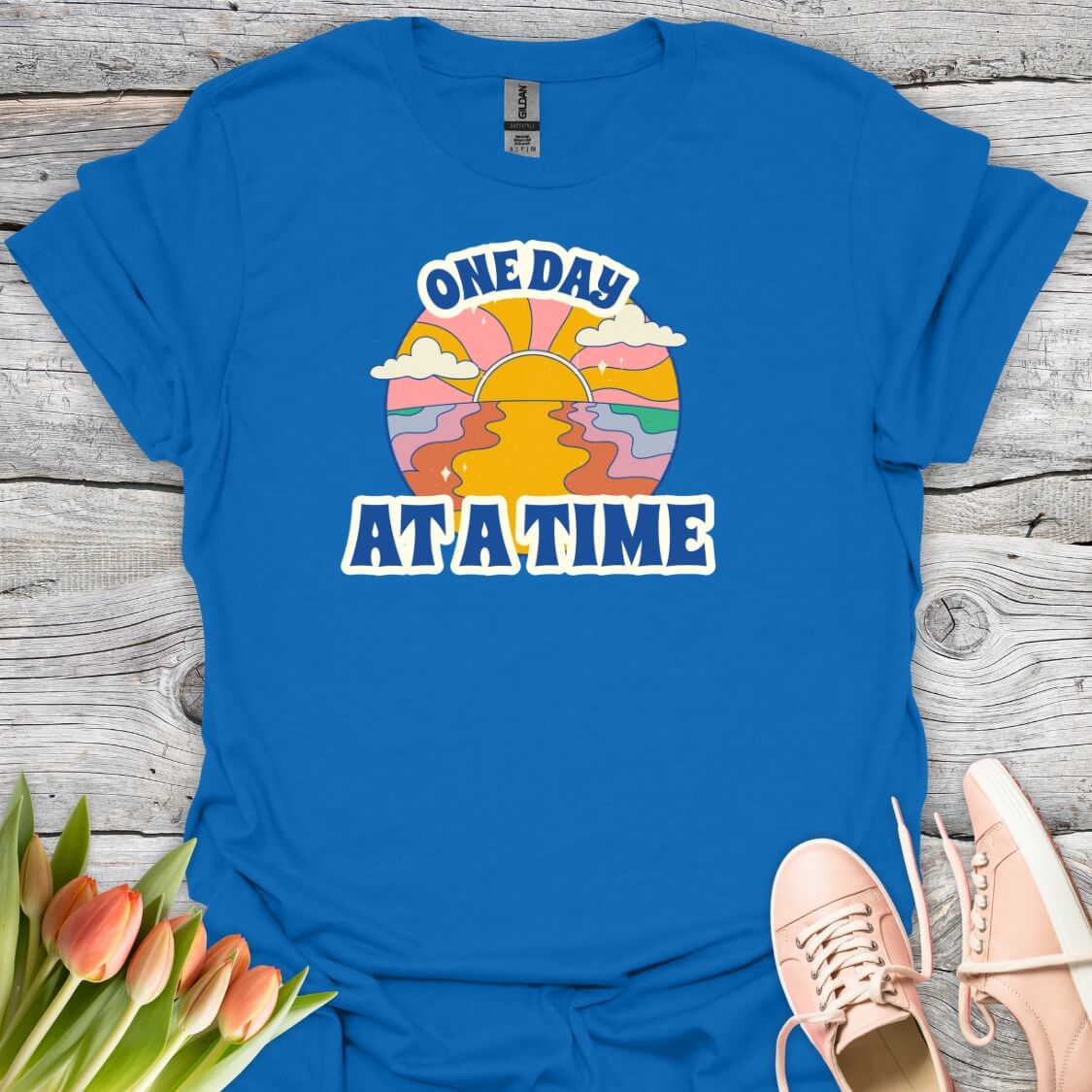 Royalblue t-shirt with 'One Day At A Time' graphic design