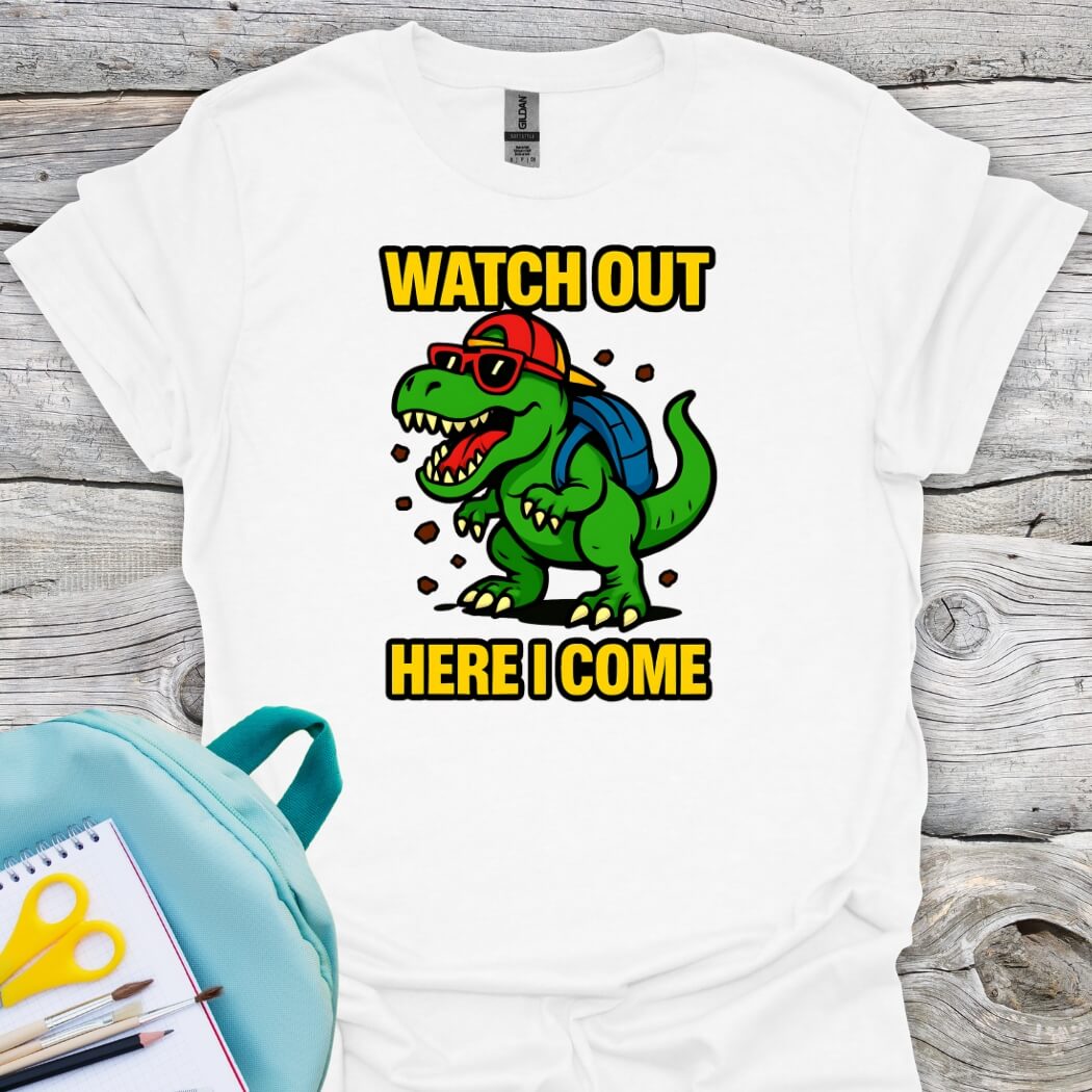 Watch out here I come back to school white youth shirt